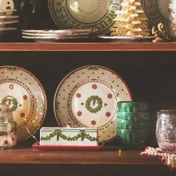 Anthropologie Festive Bistro Tile Dessert Plate Green Wreath Stoneware NEW - Picture 7 of 7